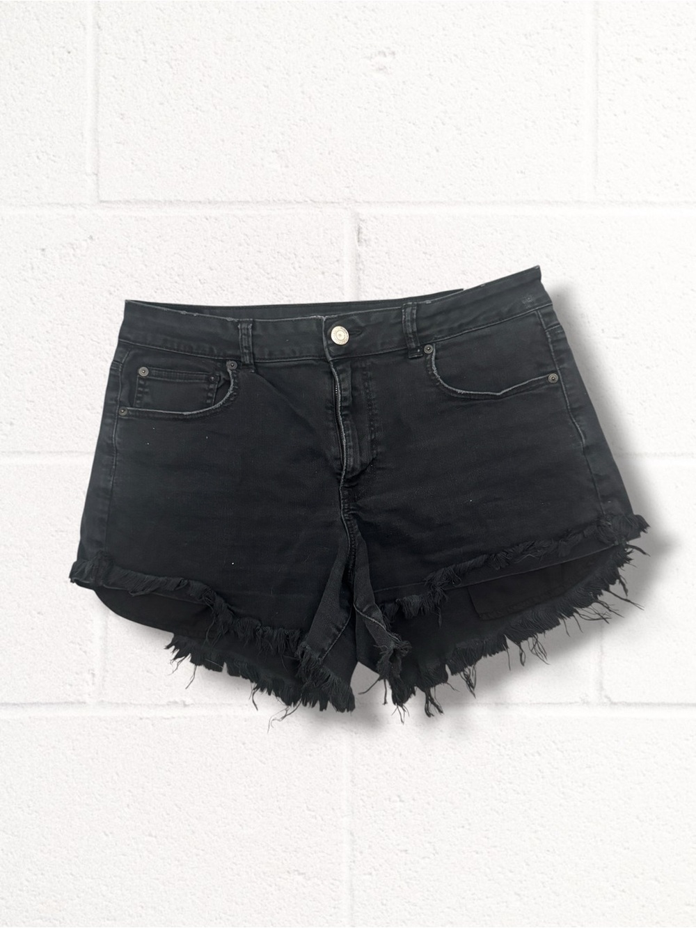 American Eagle Outfitters Black Distressed Frayed Hem High Waist Shorts, 16
